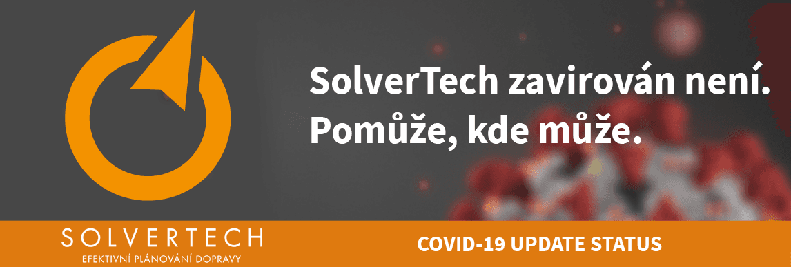 Covid banner solvertech s nápisem Solvertech zavirován není