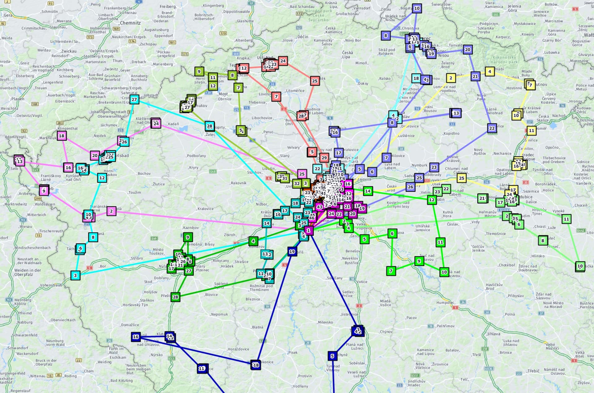 mapa čech s trasami rozvozů