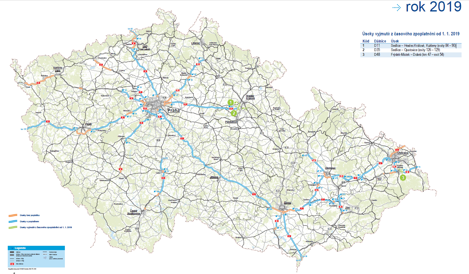 Mapa ČR s vyznačenými úseky silnic a dálnic pro rok 2019