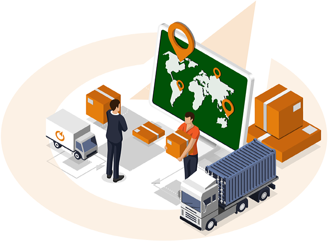 ilustrace logistického centra s nákladními vozy, balíky